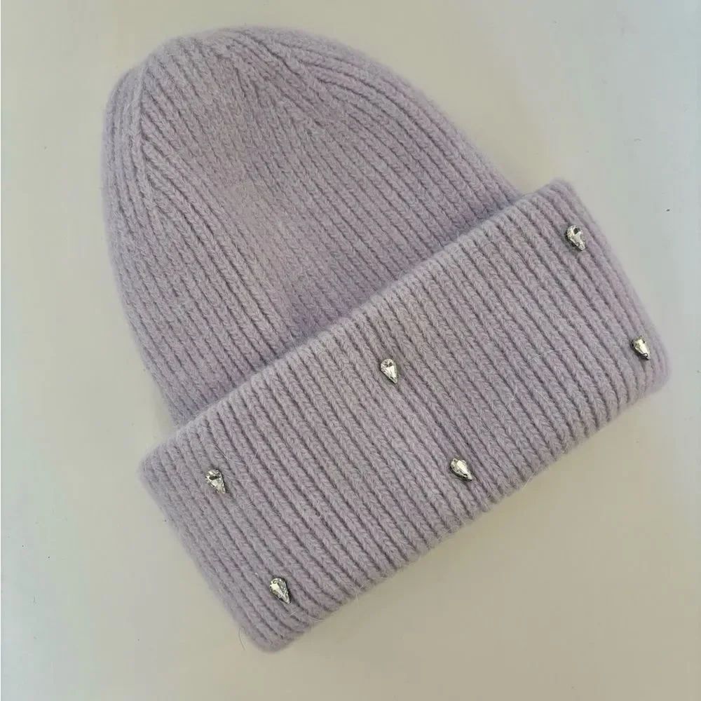Michael Kors Angora Rabbit Hair Beanie With Water Diamonds in Lilac/ one size